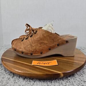 KDB Kelsi Dagger Brooklyn Brown Leather Casual Lace Up Wooden Clog Womens 9